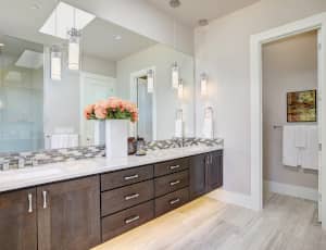 Contemporary,Master,Bathroom,Features,A,Dark,Dual,Vanity,Cabinet,Featuring