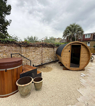 Finished outdoor shower and sauna area